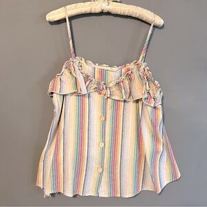 Hummingbird Linen Cotton Colorful Striped Ruffle Tank Top Lg Cream Pink Yellow
